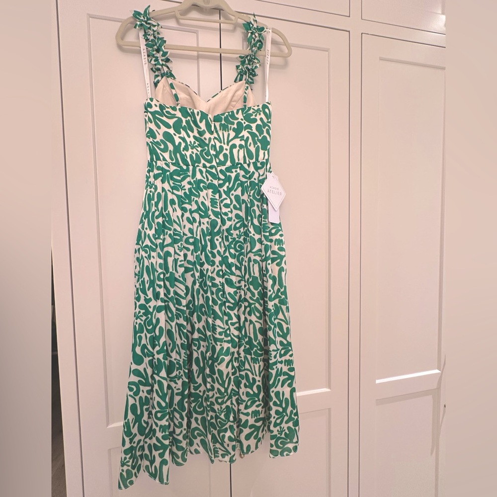 NWT 🌟 Azazie Maggy Green abstract Leaf Print Midi Dress - Picture 4 of 13